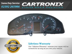 Instrument cluster for Audi A6 featuring speedometer, tachometer, and warning lights.