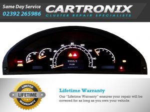 Instrument cluster for Mercedes S-Class displaying speedometer and warning lights.
