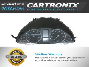 Instrument cluster for Mercedes W203 model, featuring speedometer and various gauges.