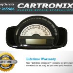 Speedometer repair service advertisement with a gauge and warranty information from Cartronix.
