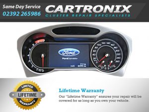 4-inch Ford instrument cluster dashboard display with speedometer and odometer readings.