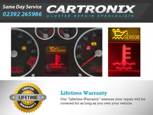 Dashboard display showing a warning light for a sensor issue in a vehicle from Cartronix.