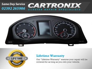 VW EOS instrument cluster dashboard with speedometer and tachometer displays.
