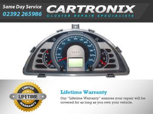 VW Fox instrument cluster with speedometer, tachometer, and digital display for vehicle dashboard.