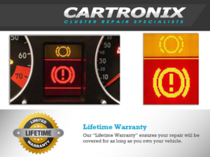 Dashboard warning lights display showing an alert symbol in yellow and red on an LCD screen.