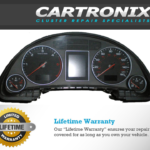 Dashboard cluster display with speedometer, tachometer, and warning lights for vehicle diagnostics.