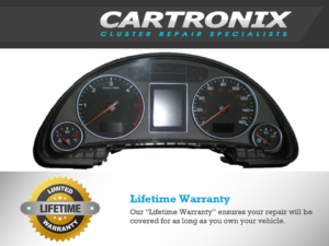 Dashboard cluster display with speedometer, tachometer, and warning lights for vehicle diagnostics.