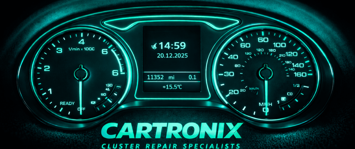 Instrument cluster display showing speedometer and digital readouts from Cartronix.