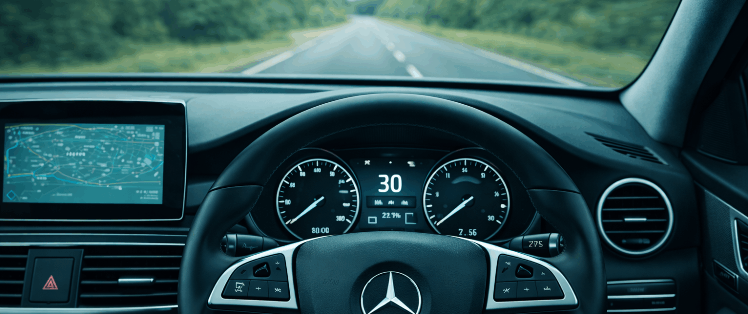 Dashboard view of a Mercedes-Benz vehicle showing speedometer and navigation display.